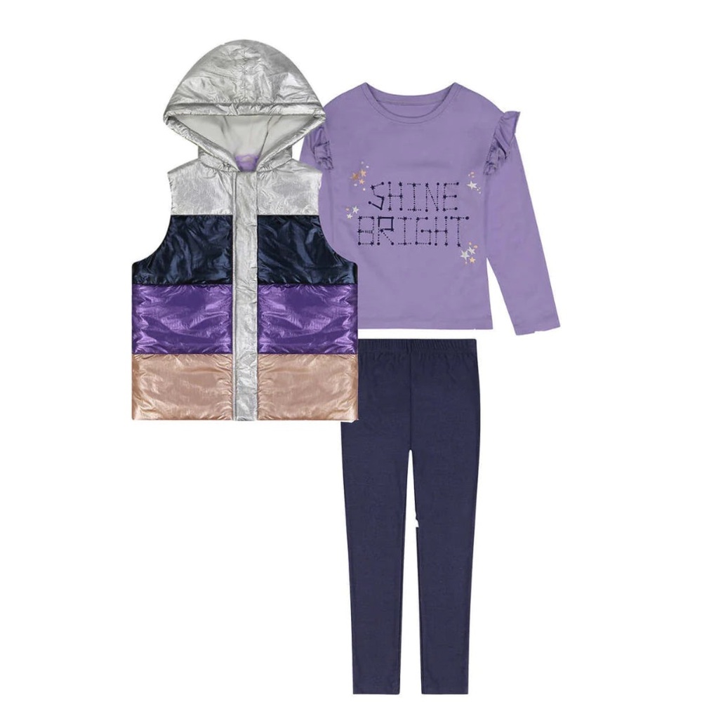 Andy & Andy - Girls 3 piece Quilted Vest, Tee and Leggings